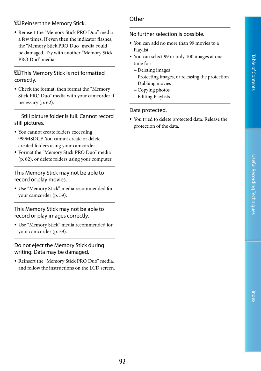 Sony DCR-SR67, DCR-SR48 manual Reinsert the Memory Stick, This Memory Stick is not formatted correctly, Data protected 