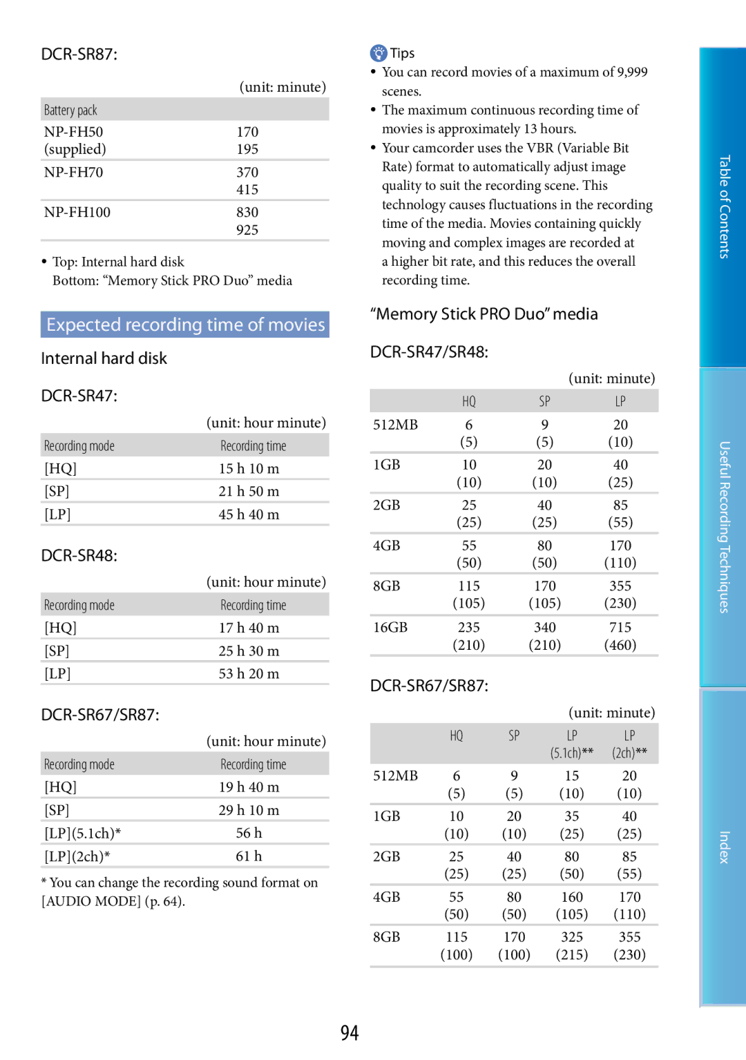 Sony Expected recording time of movies, Internal hard disk, DCR-SR67/SR87, Memory Stick PRO Duo media DCR-SR47/SR48 