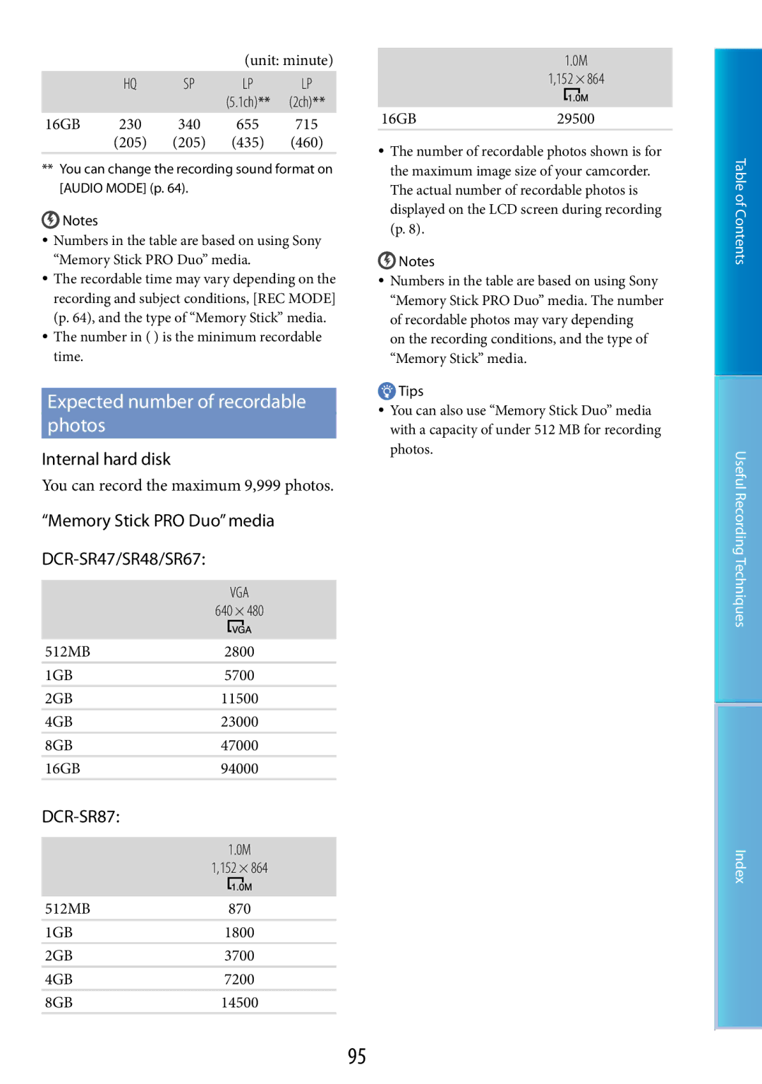 Sony DCR-SR48, DCR-SR67 manual Expected number of recordable photos, You can record the maximum 9,999 photos, 152 × 