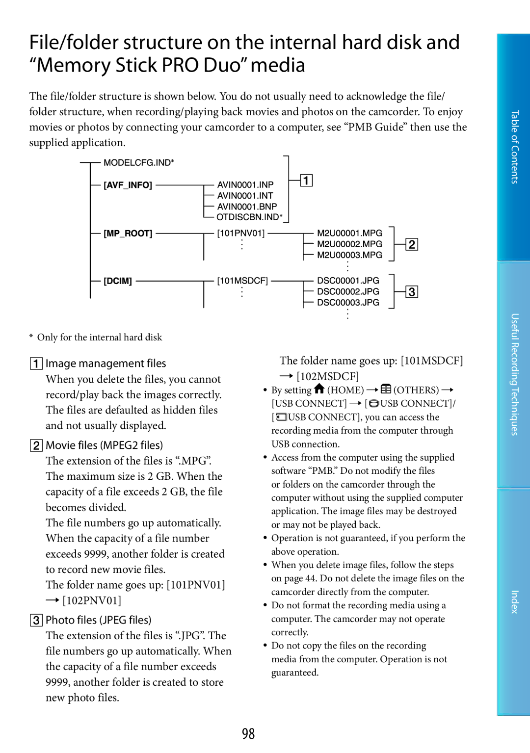 Sony DCR-SR67, DCR-SR48 manual  Image management files,  Movie files MPEG2 files, Folder name goes up 101PNV01  102PNV01 