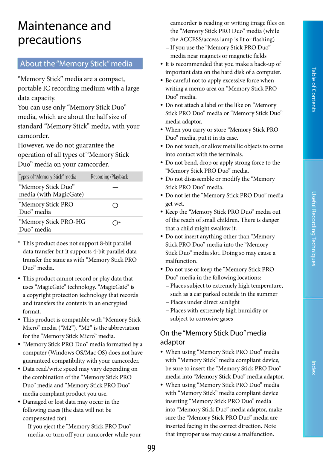 Sony DCR-SR48, DCR-SR67 Maintenance and precautions, About the Memory Stick media, On the Memory Stick Duo media adaptor 