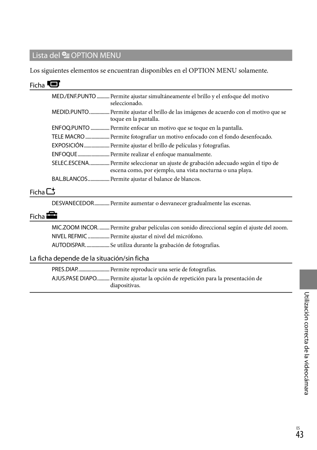 Sony DCR-SR87 manual Lista del Option Menu, Ficha, La ficha depende de la situación/sin ficha 