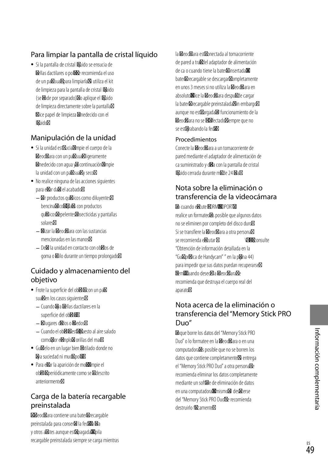 Sony DCR-SR87 manual Para limpiar la pantalla de cristal líquido, Manipulación de la unidad 