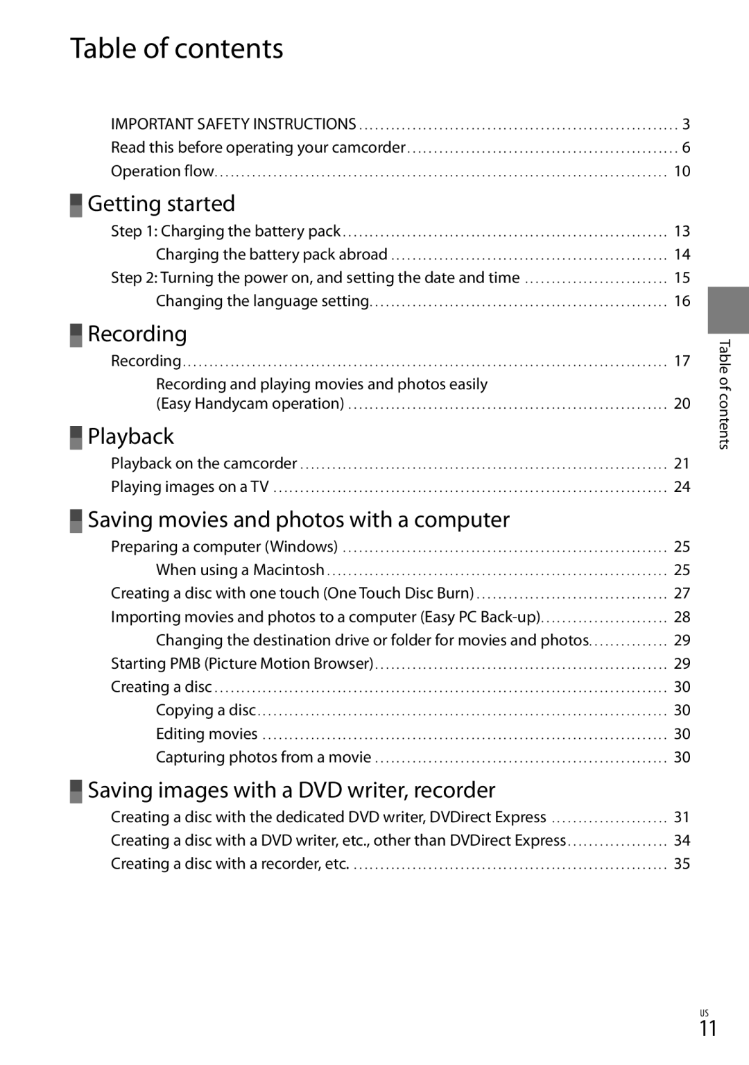 Sony DCR-SR87 manual Table of contents 