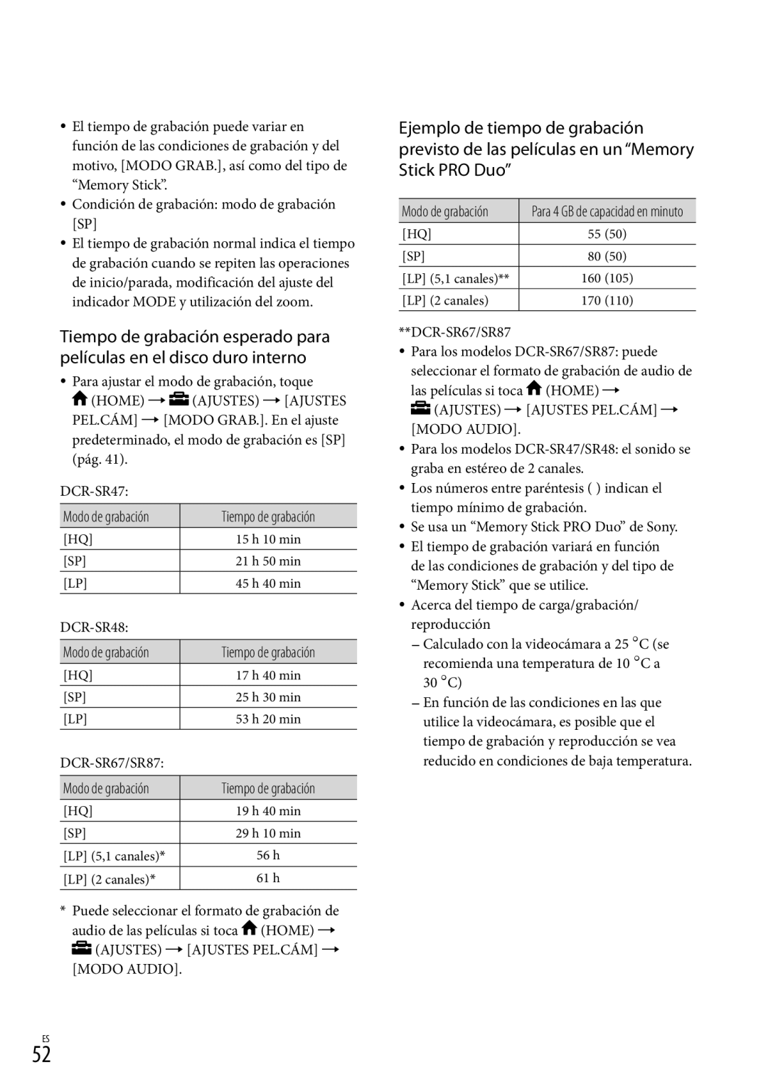 Sony DCR-SR87 manual Ajustes  Ajustes PEL.CÁM  Modo Audio 