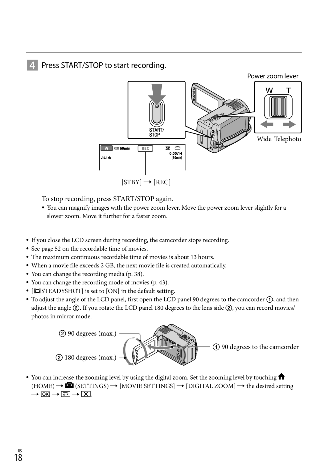 Sony DCR-SR87 manual  Press START/STOP to start recording, To stop recording, press START/STOP again, Power zoom lever 