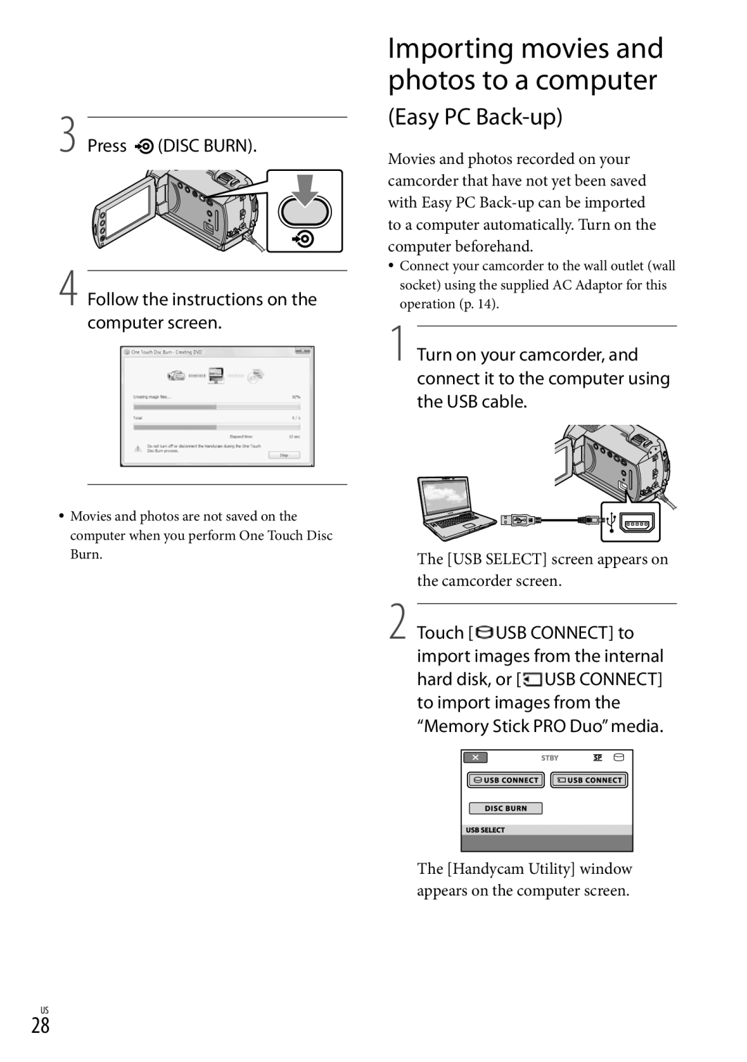 Sony DCR-SR87 manual Importing movies and photos to a computer, USB Select screen appears on the camcorder screen 