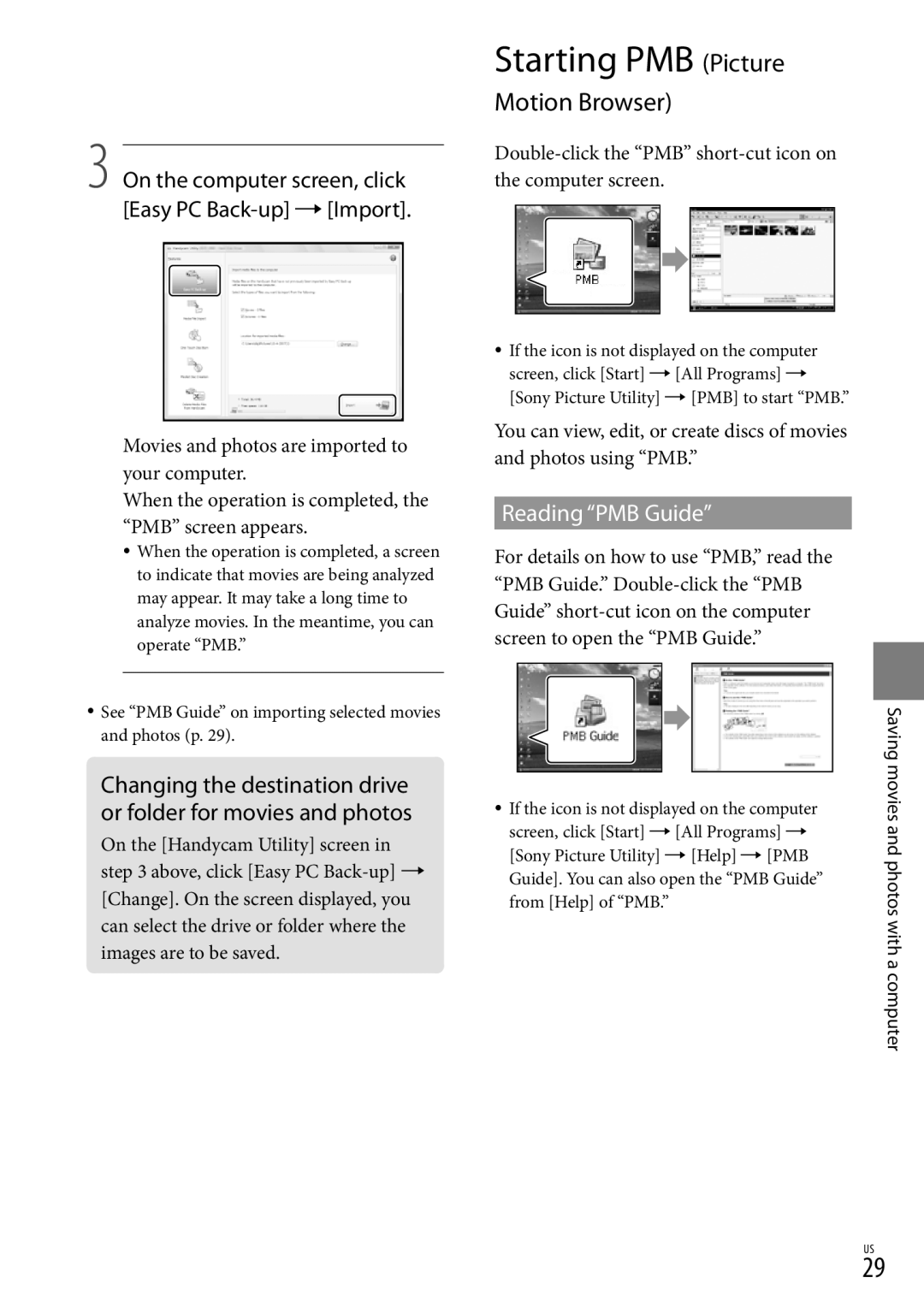 Sony DCR-SR87 manual Starting PMB Picture, Reading PMB Guide, On the computer screen, click Easy PC Back-up Import 