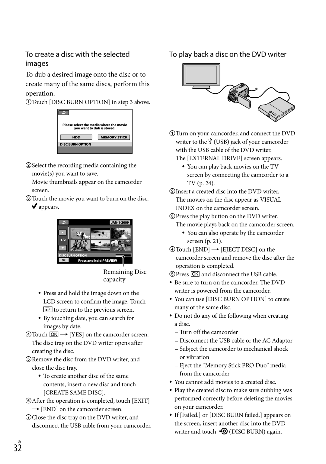 Sony DCR-SR87 manual To create a disc with the selected images, To play back a disc on the DVD writer 