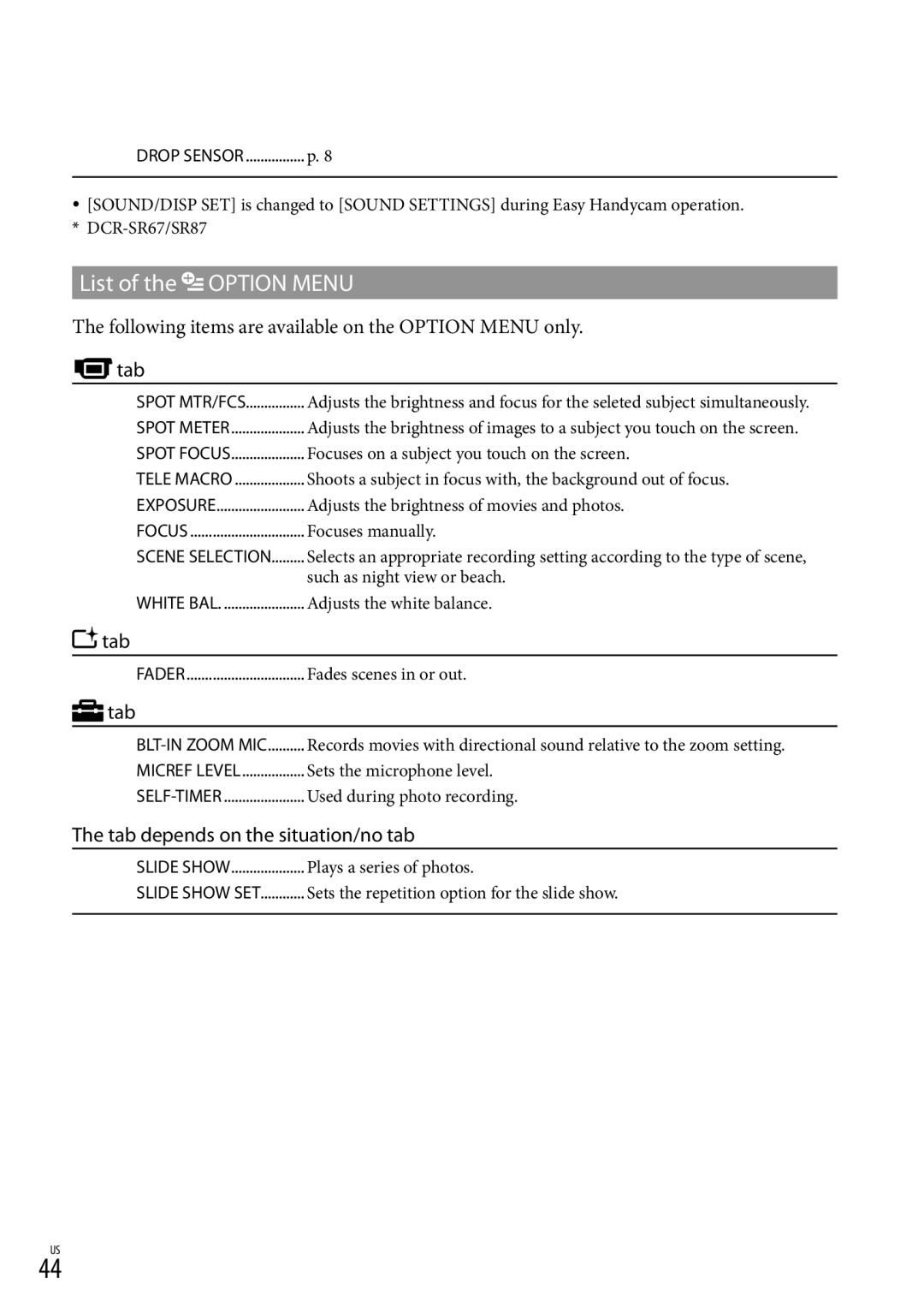 Sony DCR-SR87 manual List of the Option Menu, Following items are available on the Option Menu only, Tab 