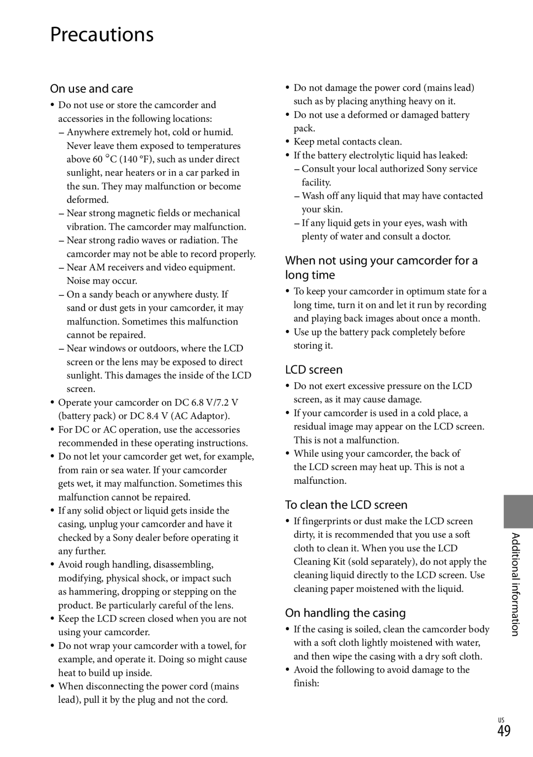 Sony DCR-SR87 manual Precautions 