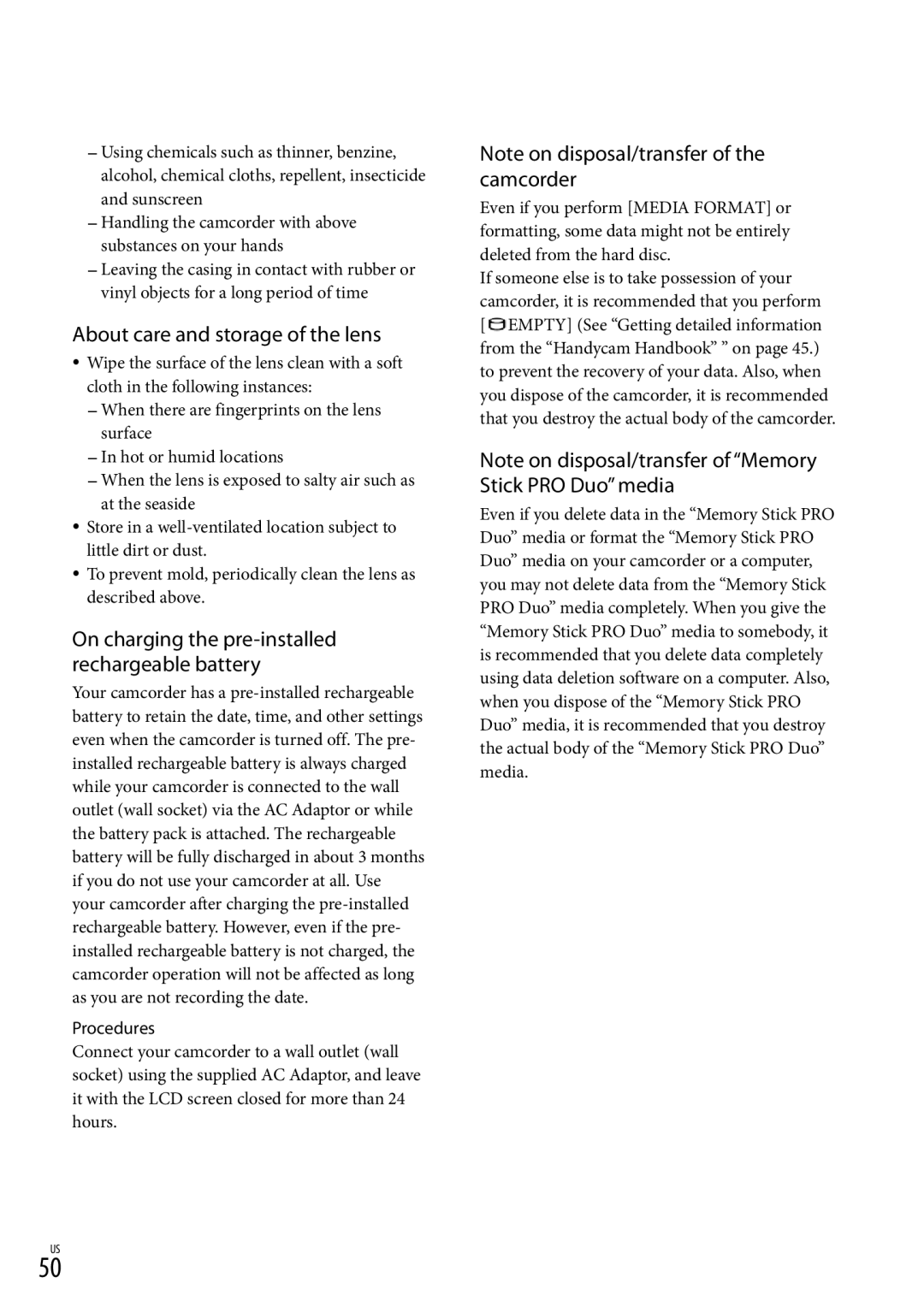 Sony DCR-SR87 manual About care and storage of the lens, On charging the pre-installed rechargeable battery 