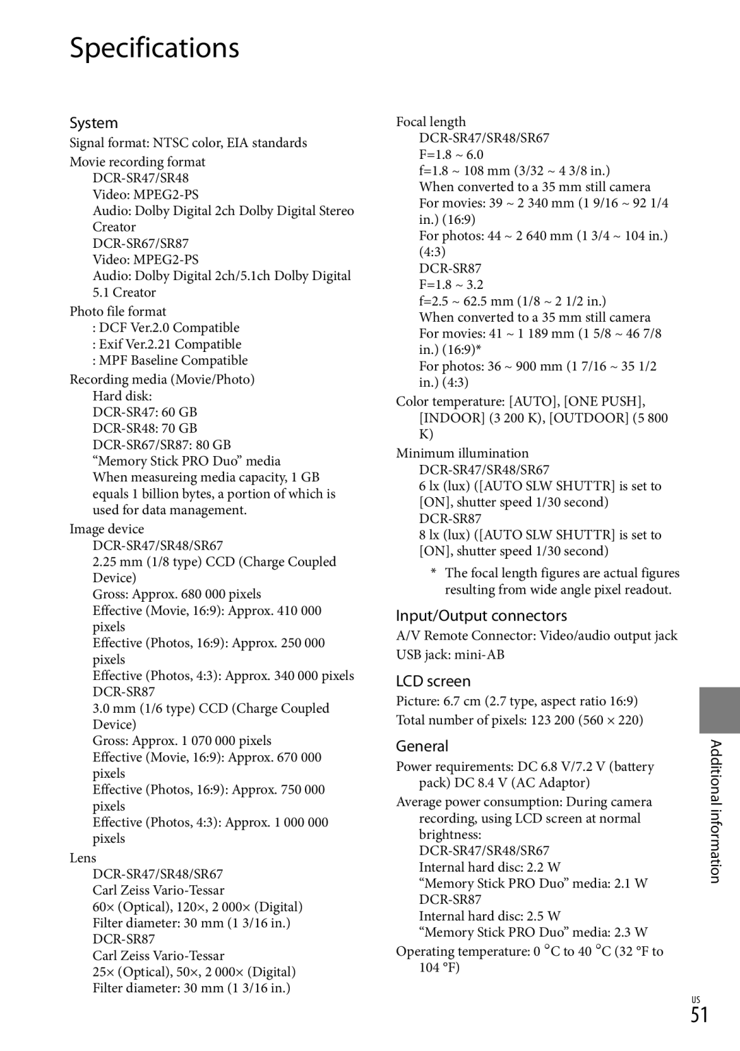 Sony DCR-SR87 manual Specifications, System, Input/Output connectors, General, Additional information 