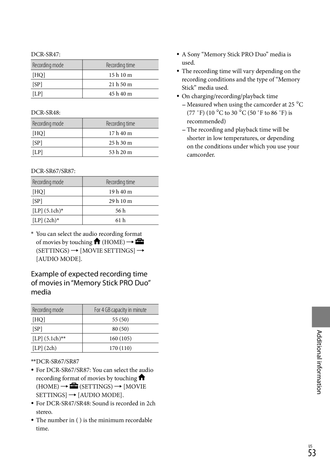 Sony DCR-SR87 manual Recording time 