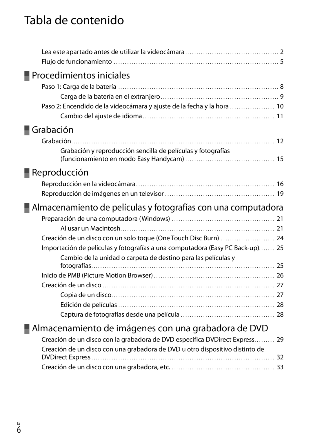 Sony DCR-SR87 manual Tabla de contenido, Grabación y reproducción sencilla de películas y fotografías 