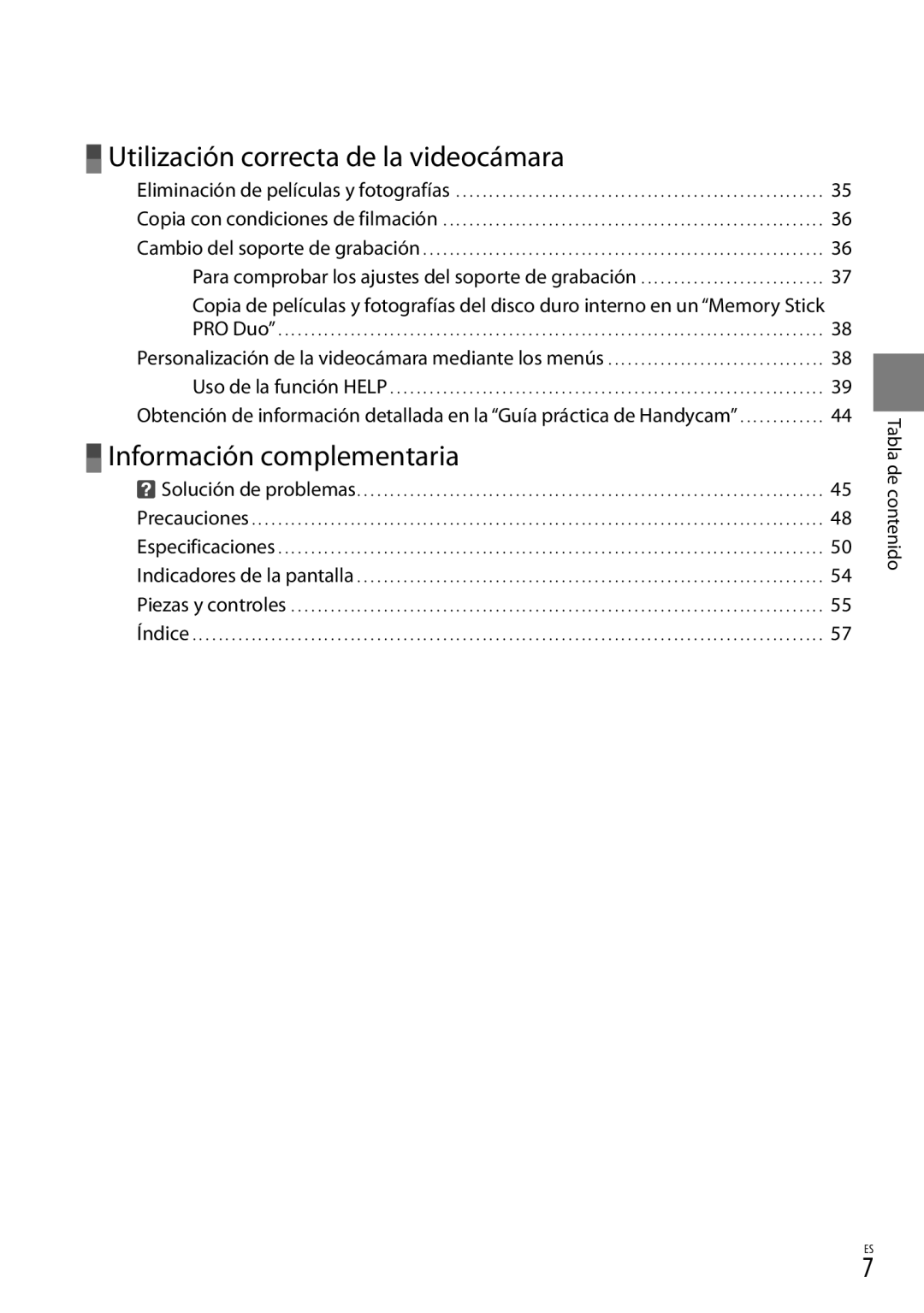 Sony DCR-SR87 manual Utilización correcta de la videocámara, Tabla de contenido 