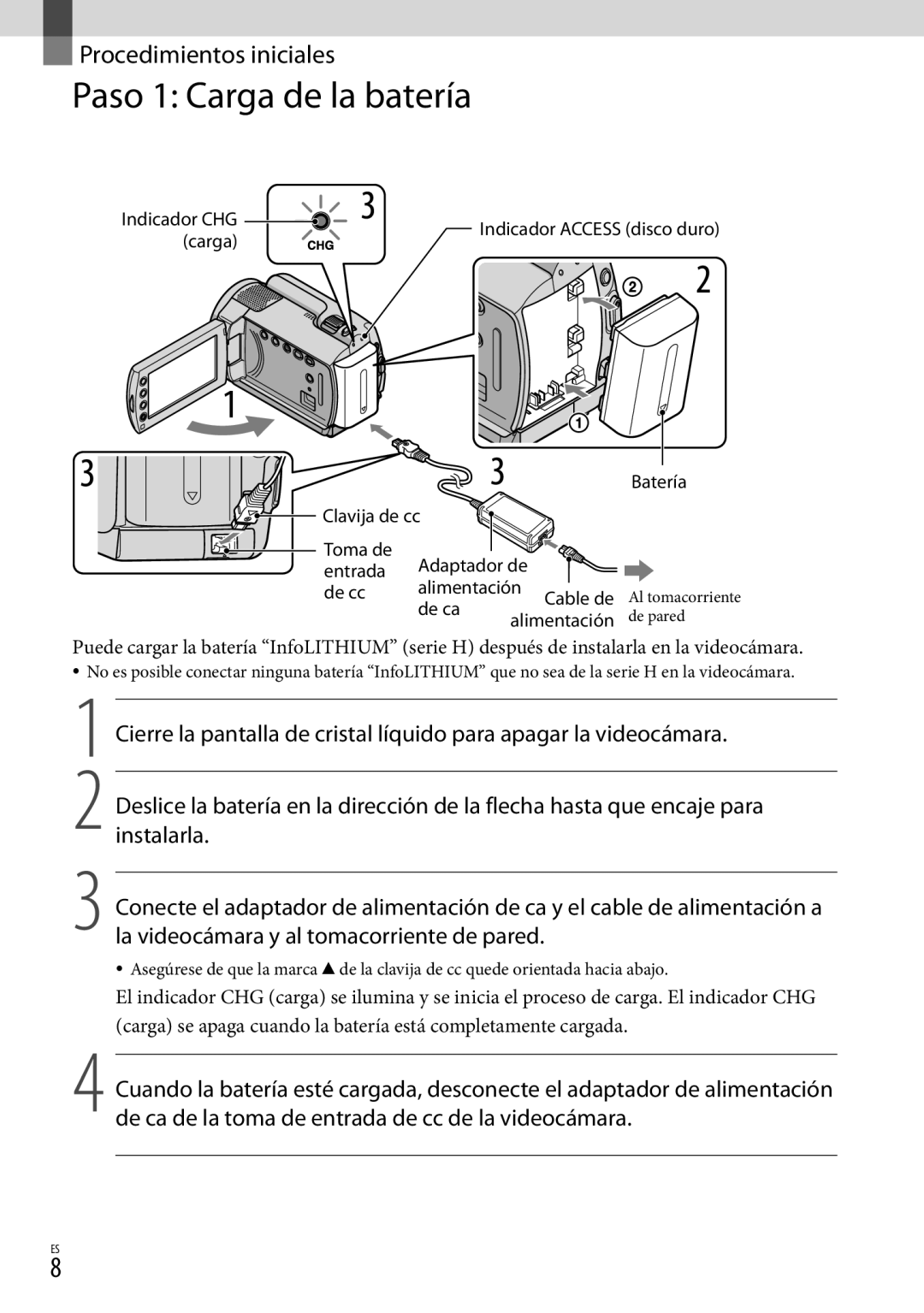 Sony DCR-SR87 manual Paso 1 Carga de la batería, Batería, De ca 