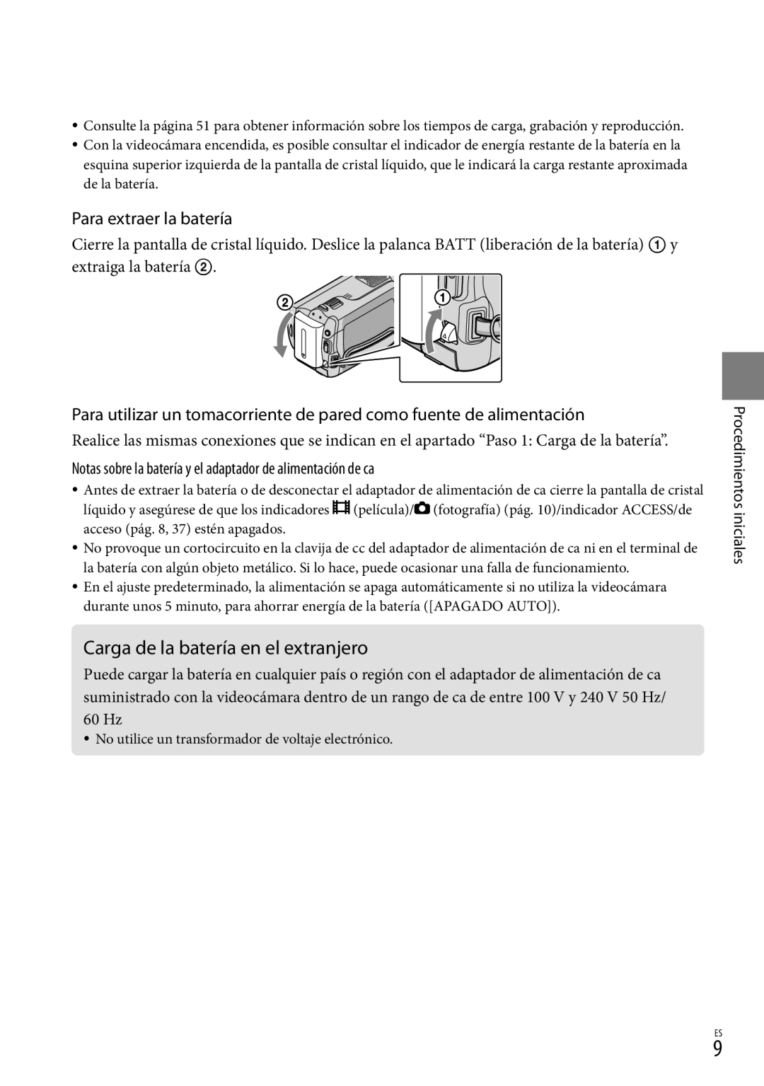 Sony DCR-SR87 manual Carga de la batería en el extranjero, Para extraer la batería, Procedimientos iniciales 