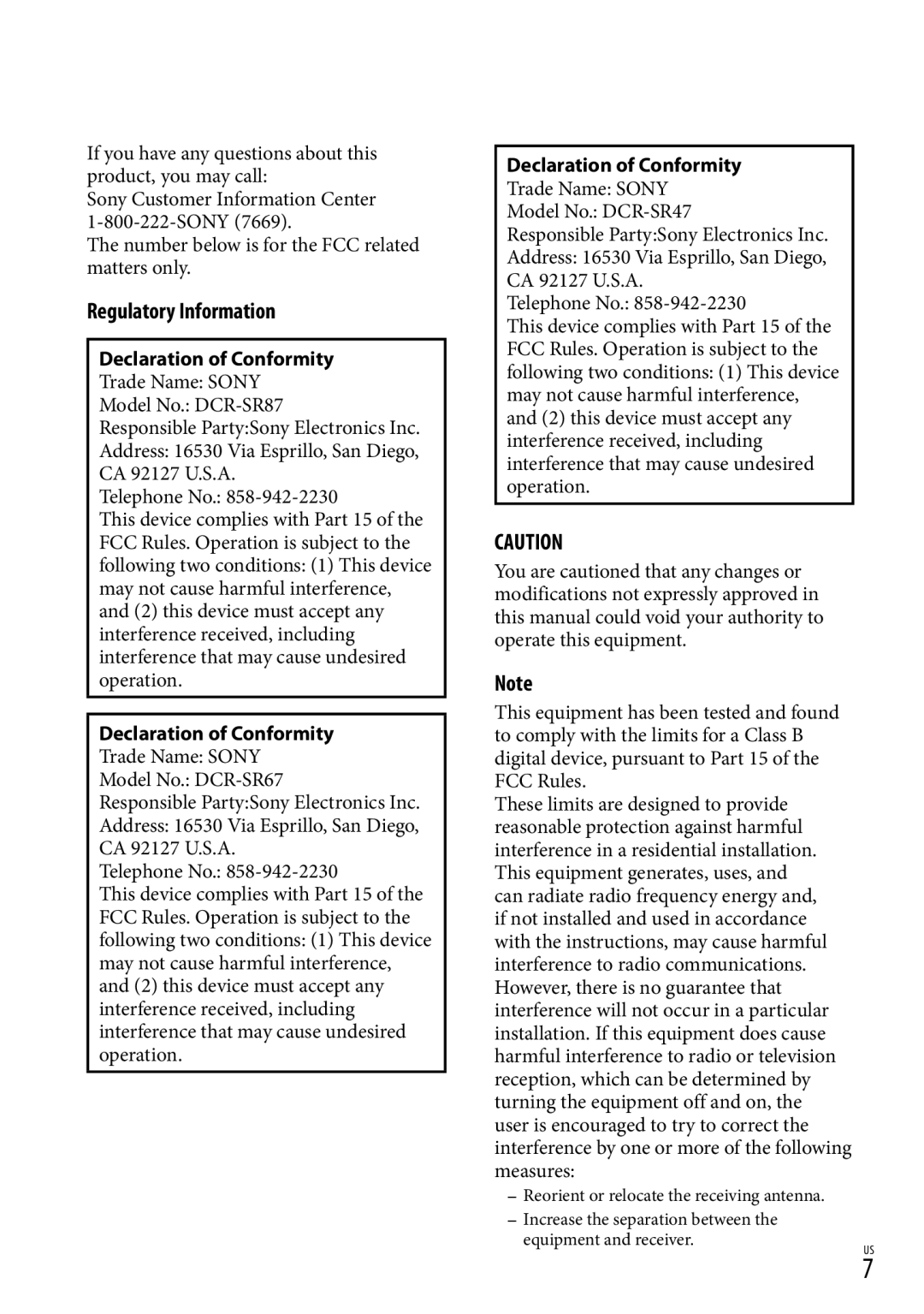 Sony DCR-SR87 manual Regulatory Information 