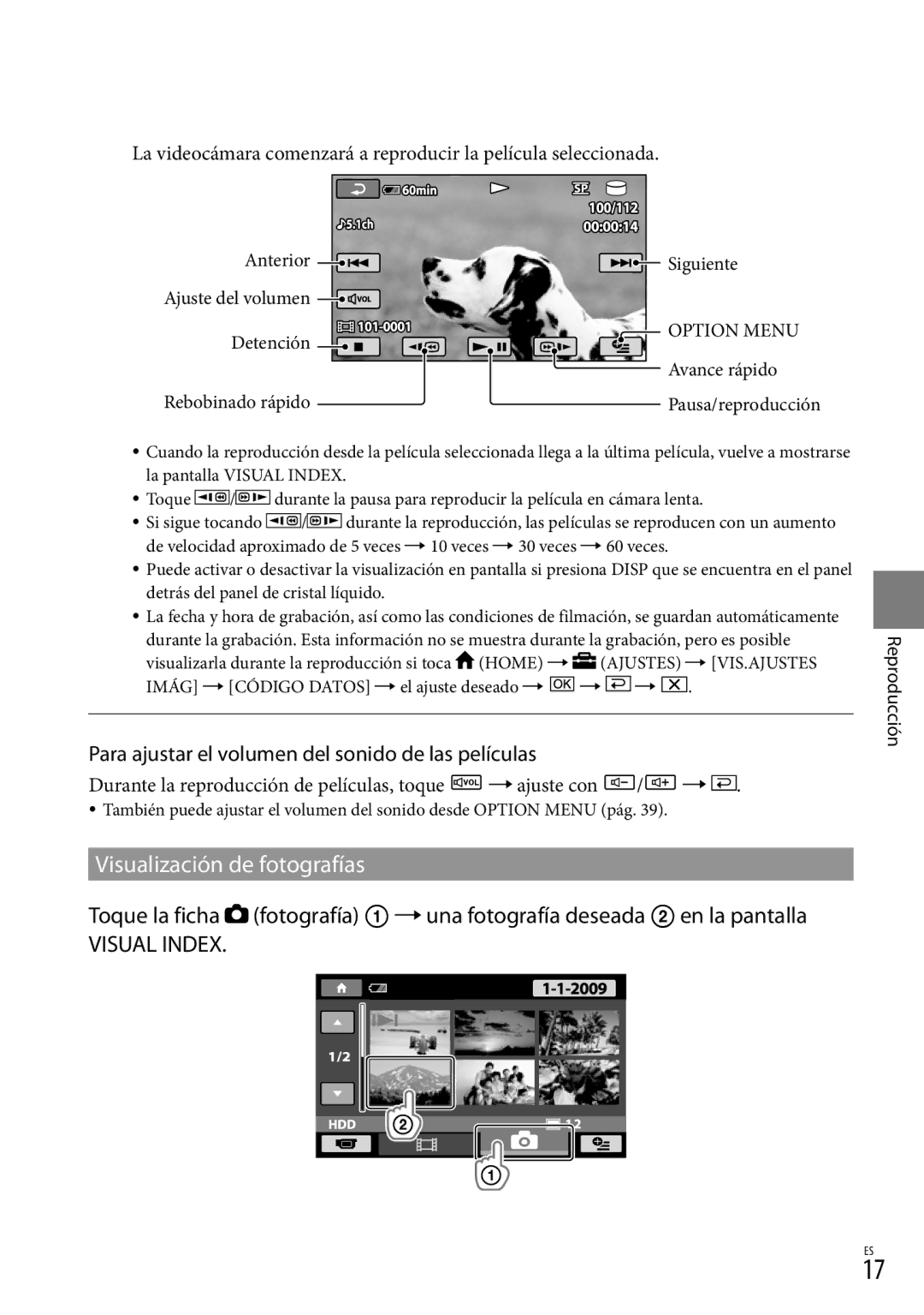 Sony DCR-SR87 manual Visualización de fotografías, Para ajustar el volumen del sonido de las películas, Reproducción 