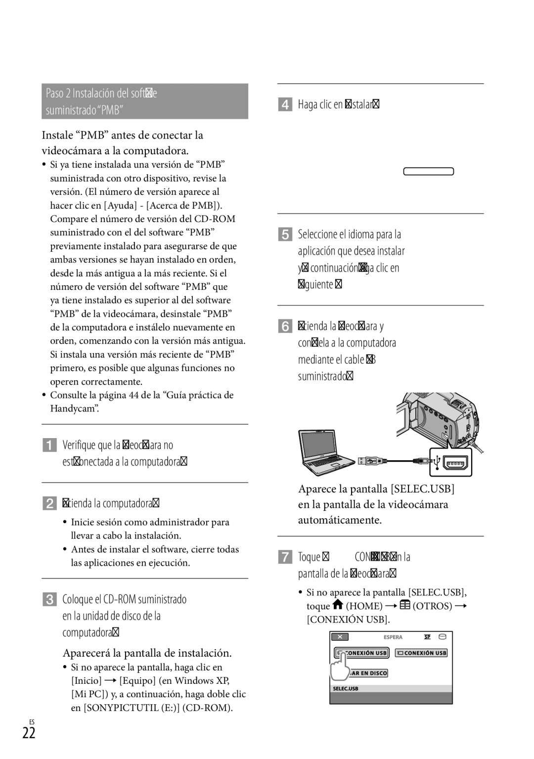 Sony DCR-SR87 manual Paso 2 Instalación del software suministrado PMB,  Encienda la computadora 