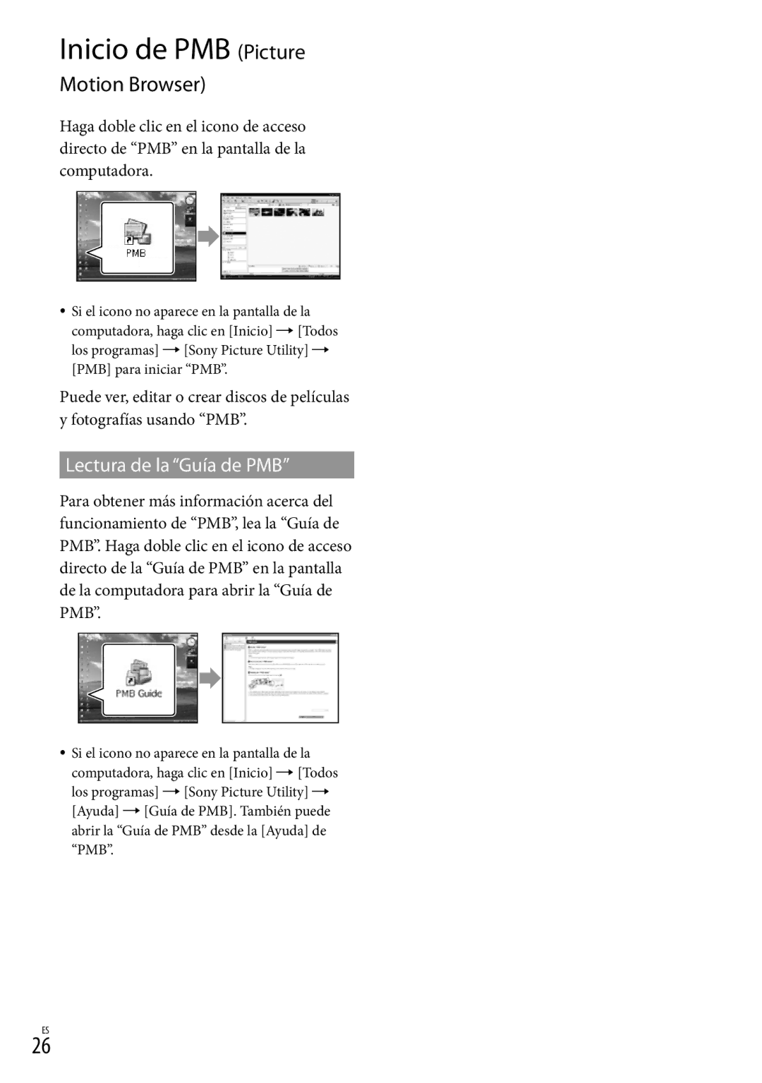 Sony DCR-SR87 manual Inicio de PMB Picture, Lectura de la Guía de PMB 