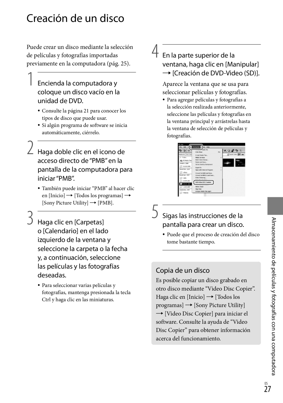 Sony DCR-SR87 manual Creación de un disco,  Creación de DVD-Video SD, Copia de un disco 