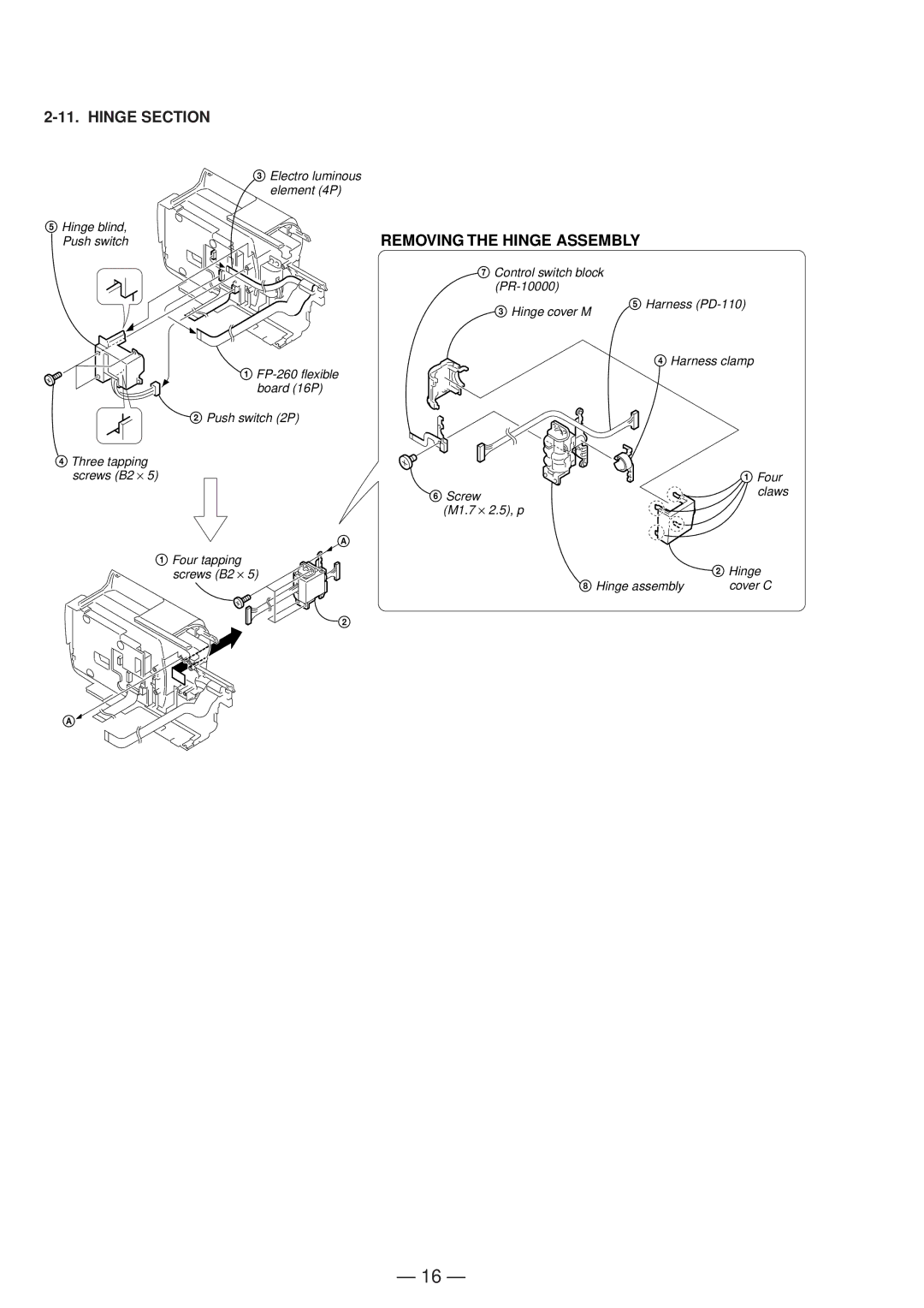 Sony DCR-TRV130ERMT-814 service manual Hinge Section, Removing the Hinge Assembly 