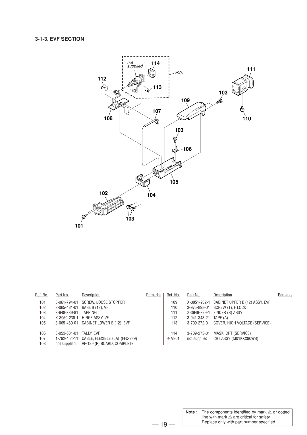 Sony DCR-TRV130ERMT-814 service manual EVF Section, 112 114, 113 103 109 107 108 110, 105 102104 