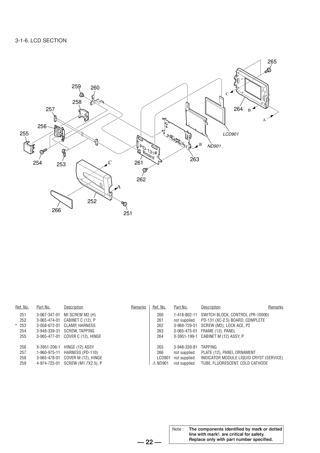 Sony DCR-TRV130ERMT-814 service manual LCD Section, 259 260 258 257 256 255, 254 253 261 262 252 266 251 265 264 B, 263 