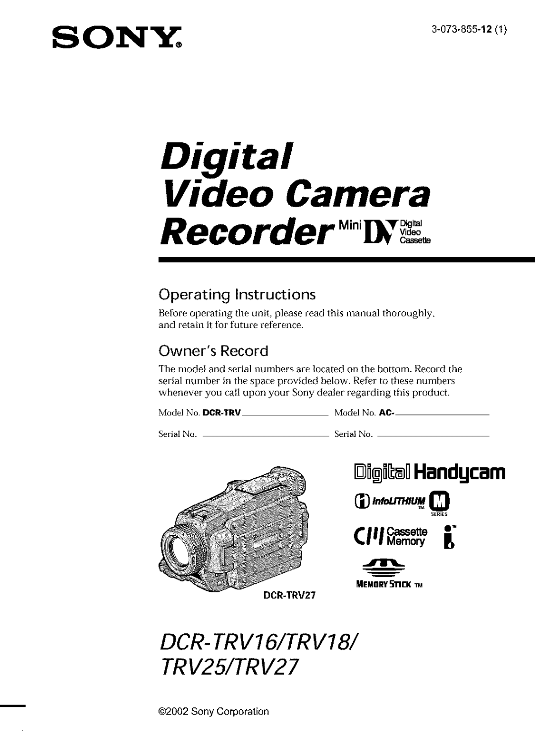 Sony DCR-TRV27, DCR-TRV25, DCR-TRV16 operating instructions Digital Video Camera 