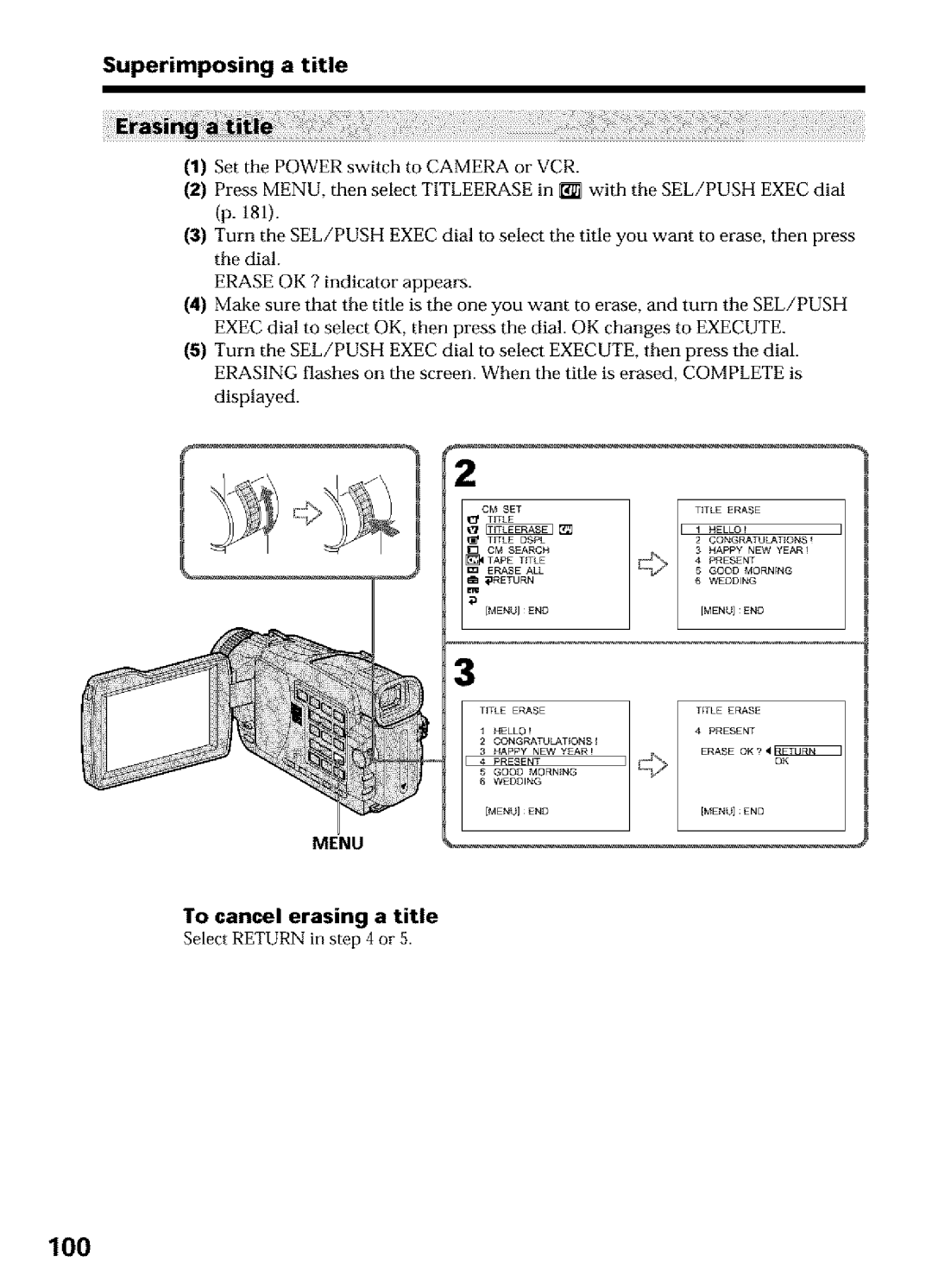 Sony DCR-TRV27, DCR-TRV25, DCR-TRV16 operating instructions To cancel erasing a title, Select Return in or 