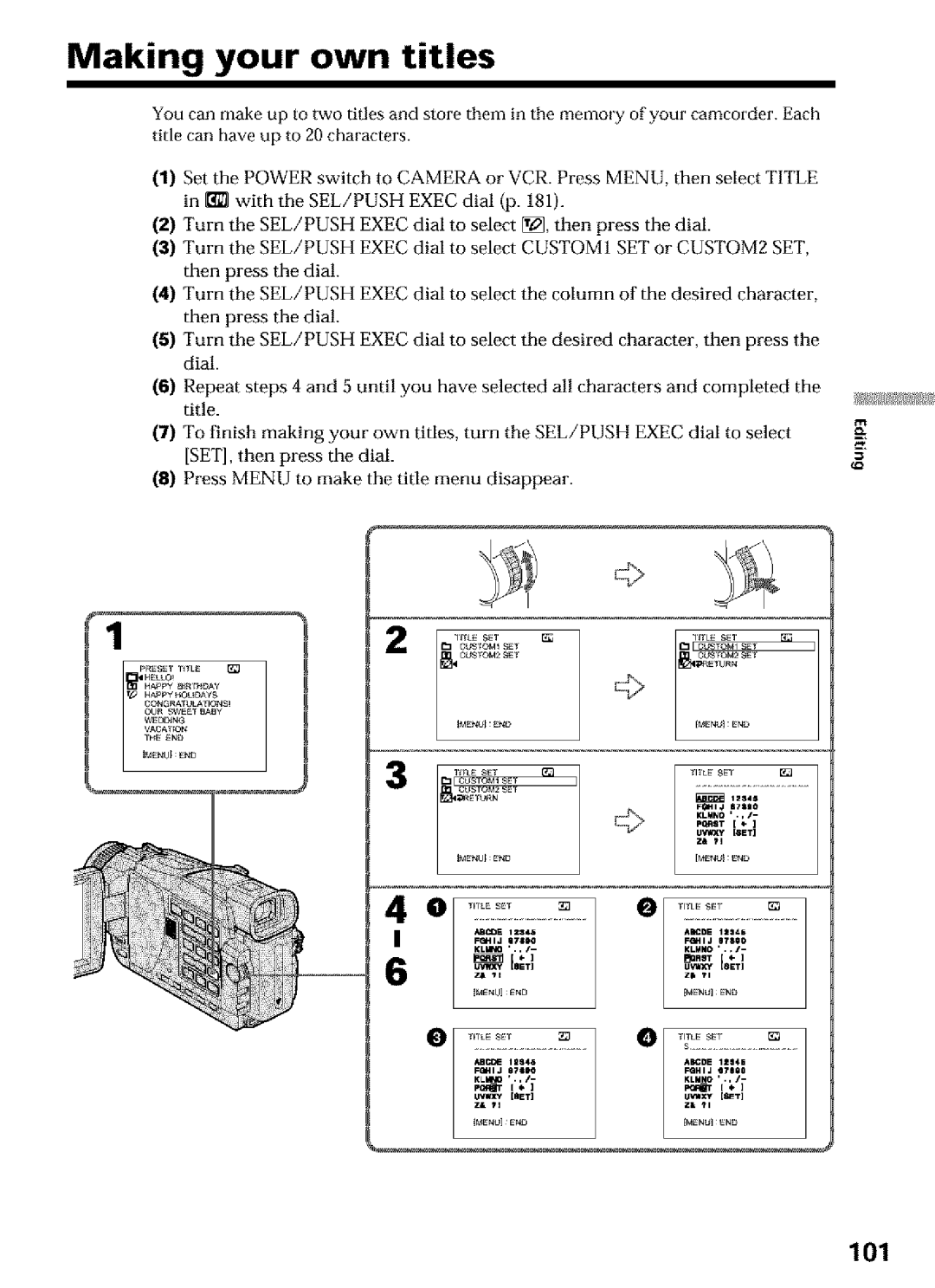 Sony DCR-TRV16, DCR-TRV25, DCR-TRV27 operating instructions Making your own titles, 101 