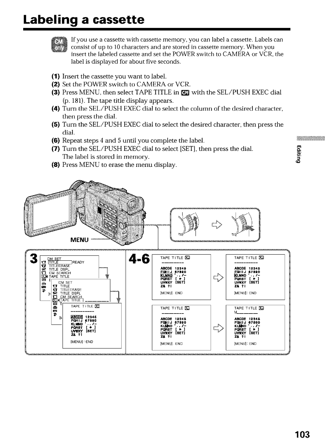 Sony DCR-TRV27, DCR-TRV25, DCR-TRV16 operating instructions Labeling a cassette, 103 