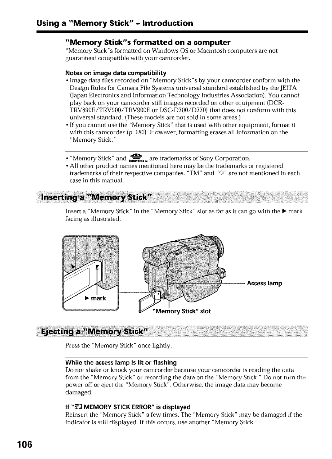 Sony DCR-TRV27, DCR-TRV25 106, Access lamp, While the access lamp is lit or flashing, If Memory Stick Error is displayed 