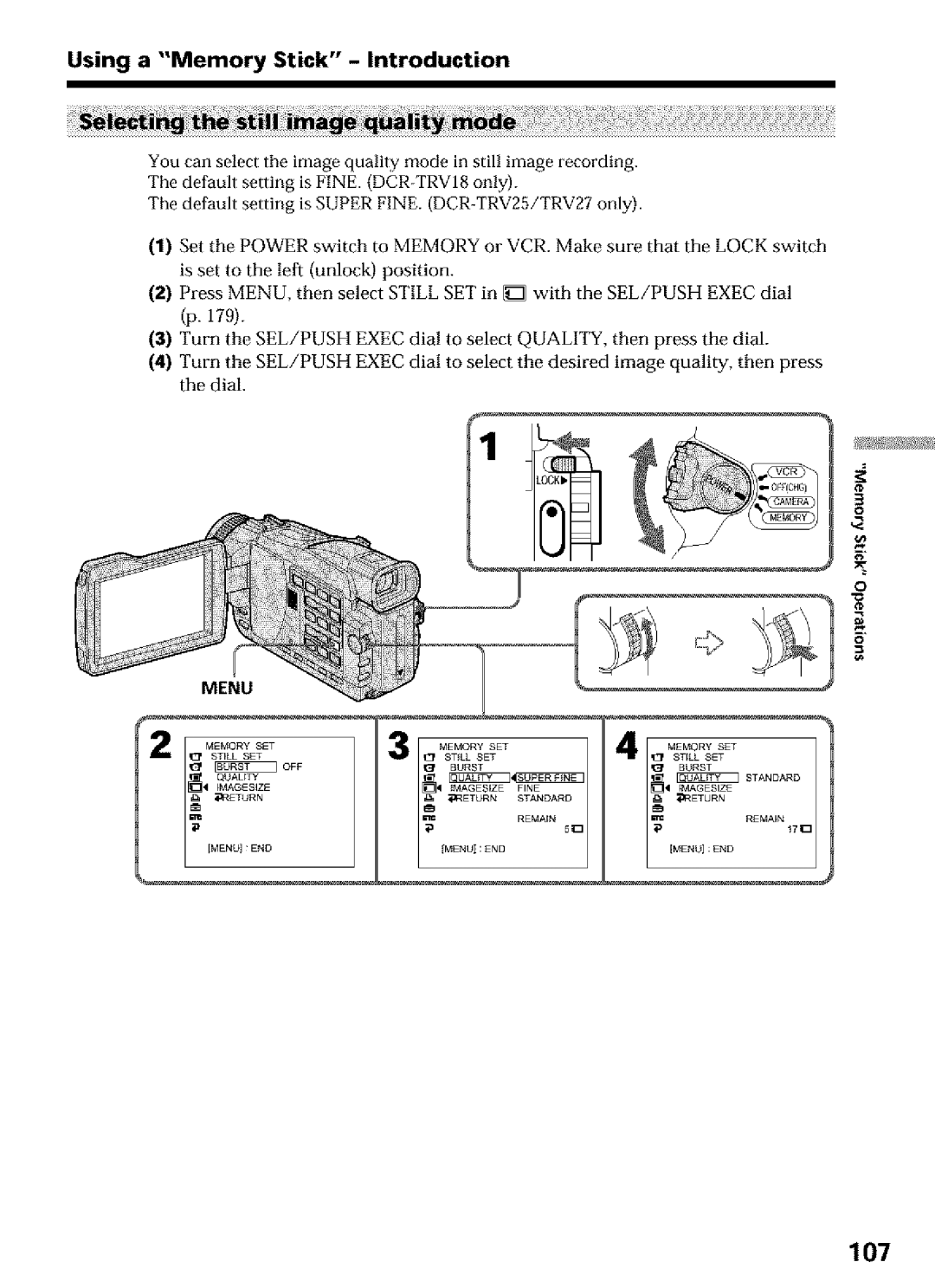 Sony DCR-TRV16, DCR-TRV25, DCR-TRV27 operating instructions 107, Using a Memory Stick Introduction 