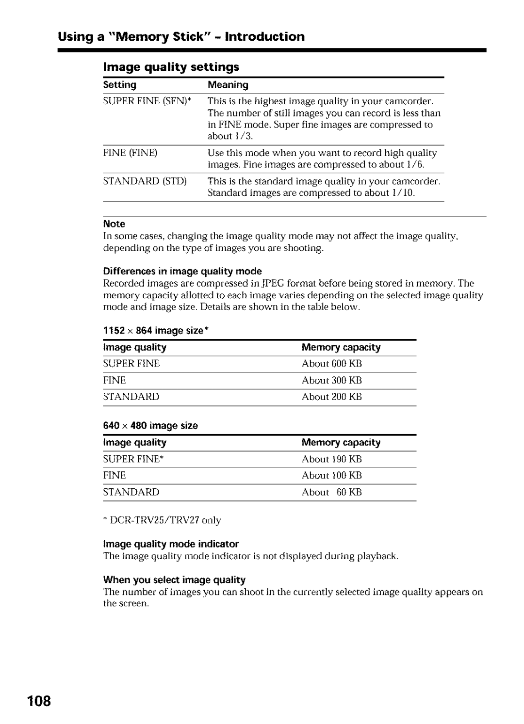 Sony DCR-TRV25, DCR-TRV27 108, Image quality settings SettingMeaning, 1152 x 864 image Size Image Quality Memory Capacity 