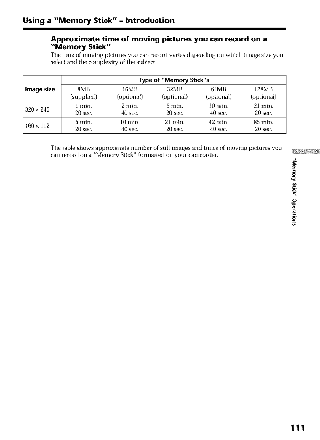 Sony DCR-TRV25, DCR-TRV27 111, Approximate time of moving pictures you can record on a, Type, Sticks Image Size, Optional 