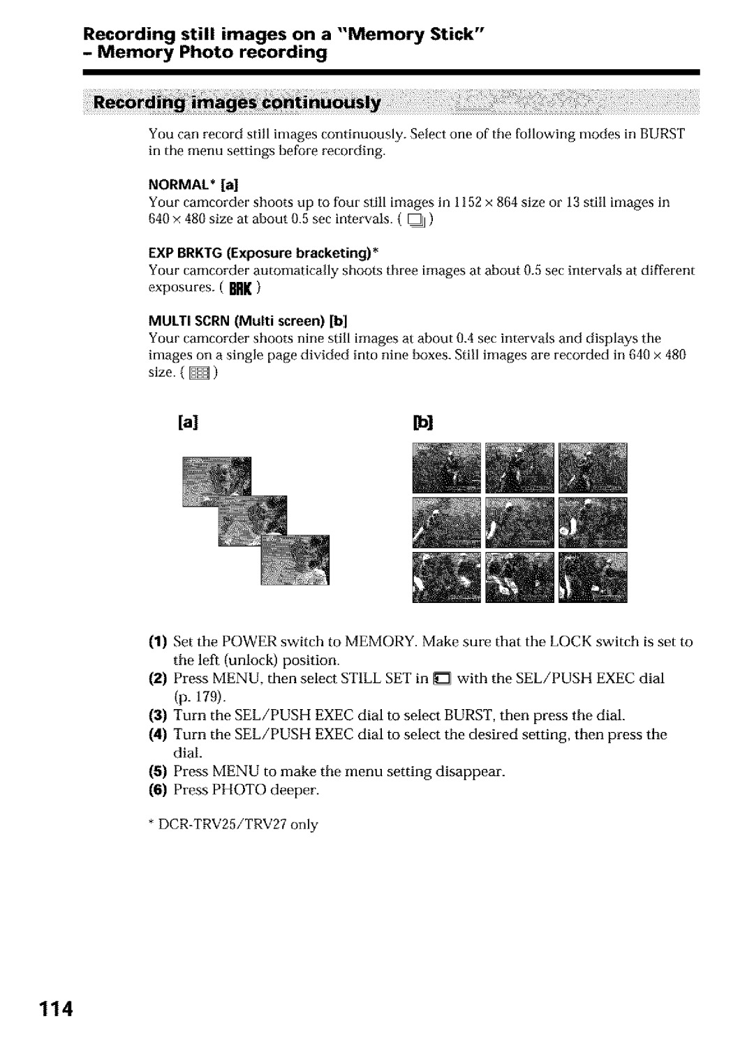 Sony DCR-TRV25, DCR-TRV27, DCR-TRV16 114, NORMAL* a, EXP Brktg Exposure bracketing, Multi Scrn Multi screen b 