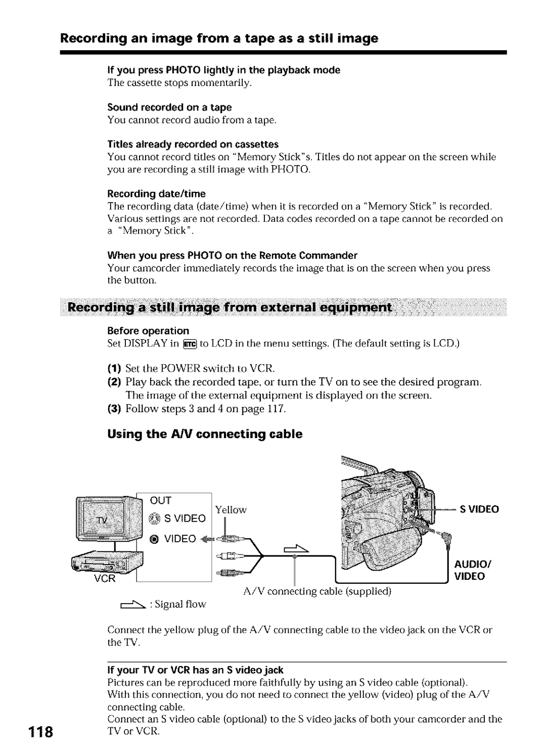 Sony DCR-TRV27, DCR-TRV25, DCR-TRV16 Recording an image from a tape as a still image, Using the A/V connecting cable 