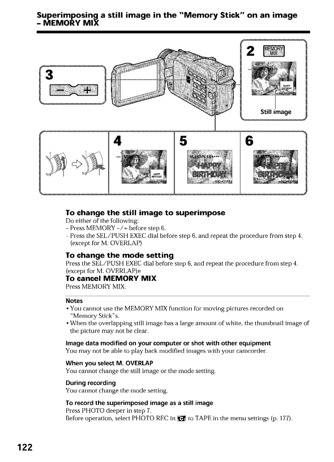 Sony DCR-TRV16, DCR-TRV25 122, To change the still image to superimpose, To change the mode setting, To cancel Memory MIX 