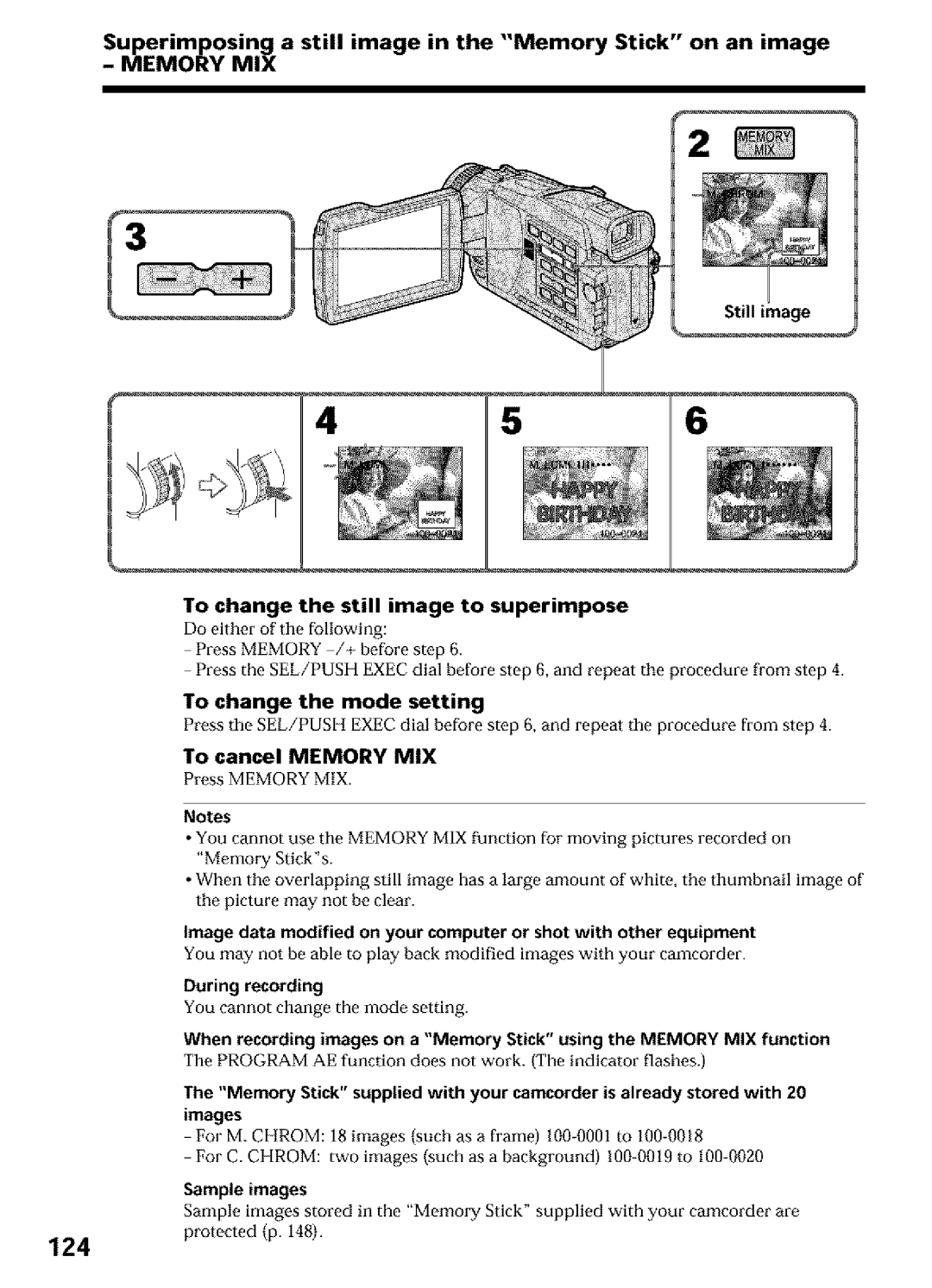 Sony DCR-TRV27, DCR-TRV25, DCR-TRV16 operating instructions 124, To change the still image to superimpose, Sample images 