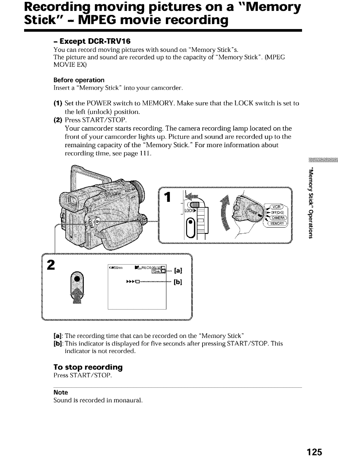 Sony DCR-TRV16, DCR-TRV25, DCR-TRV27 operating instructions 125, To stop recording, Press START/STOP, Before operation 