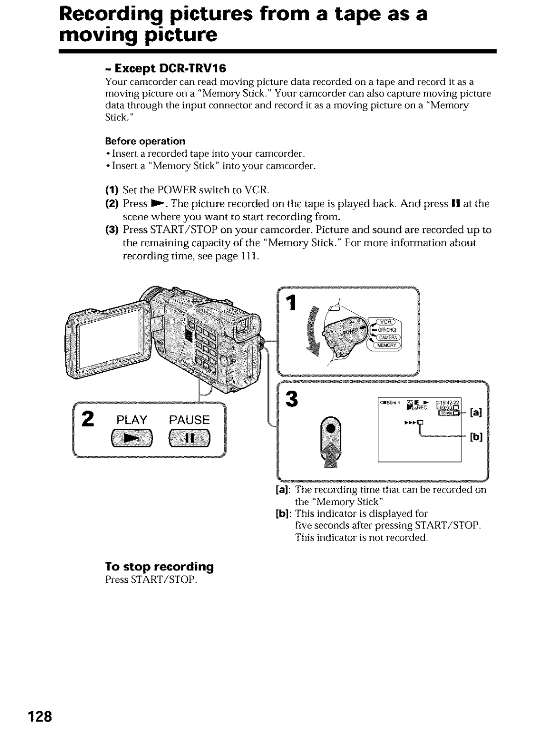 Sony DCR-TRV16, DCR-TRV25, DCR-TRV27 operating instructions Recording pictures from a tape as a moving picture, 128 