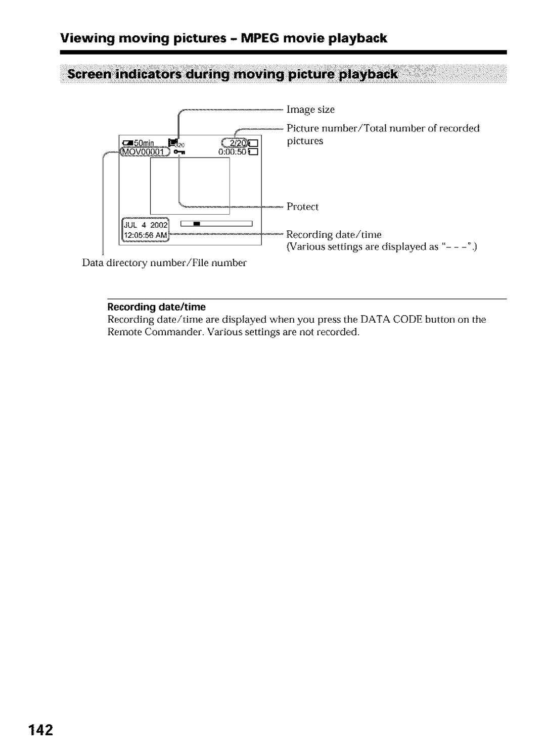 Sony DCR-TRV27, DCR-TRV25, DCR-TRV16 operating instructions 142, Data Code 