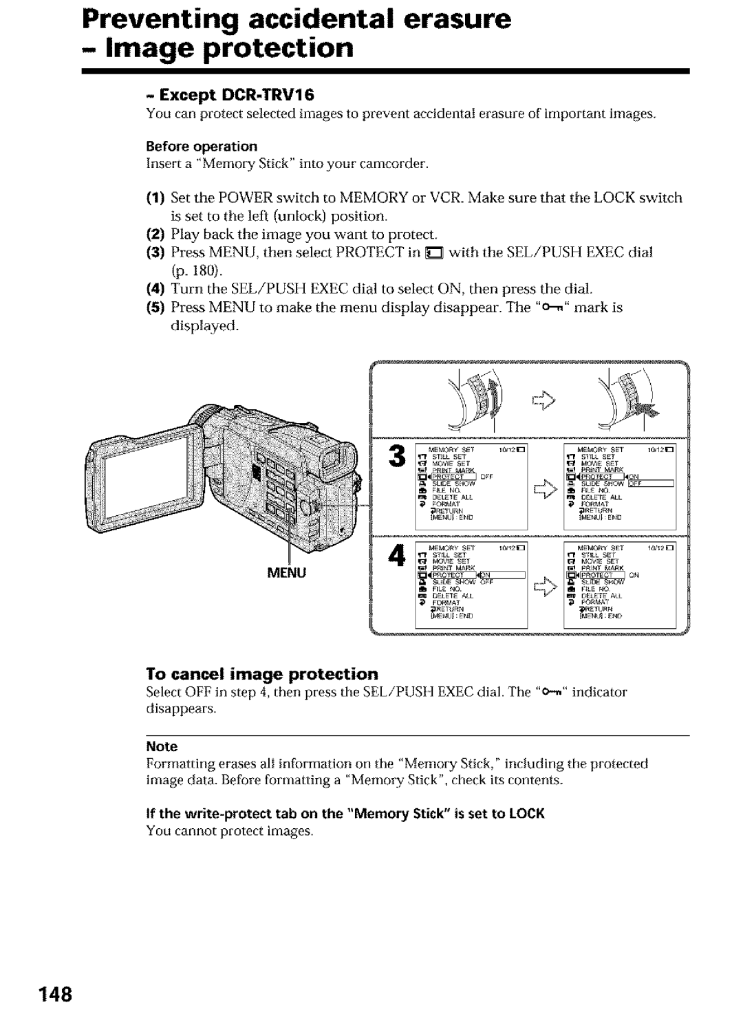 Sony DCR-TRV27, DCR-TRV25, DCR-TRV16 Preventing accidental erasure Image protection, 148, To cancel image protection 