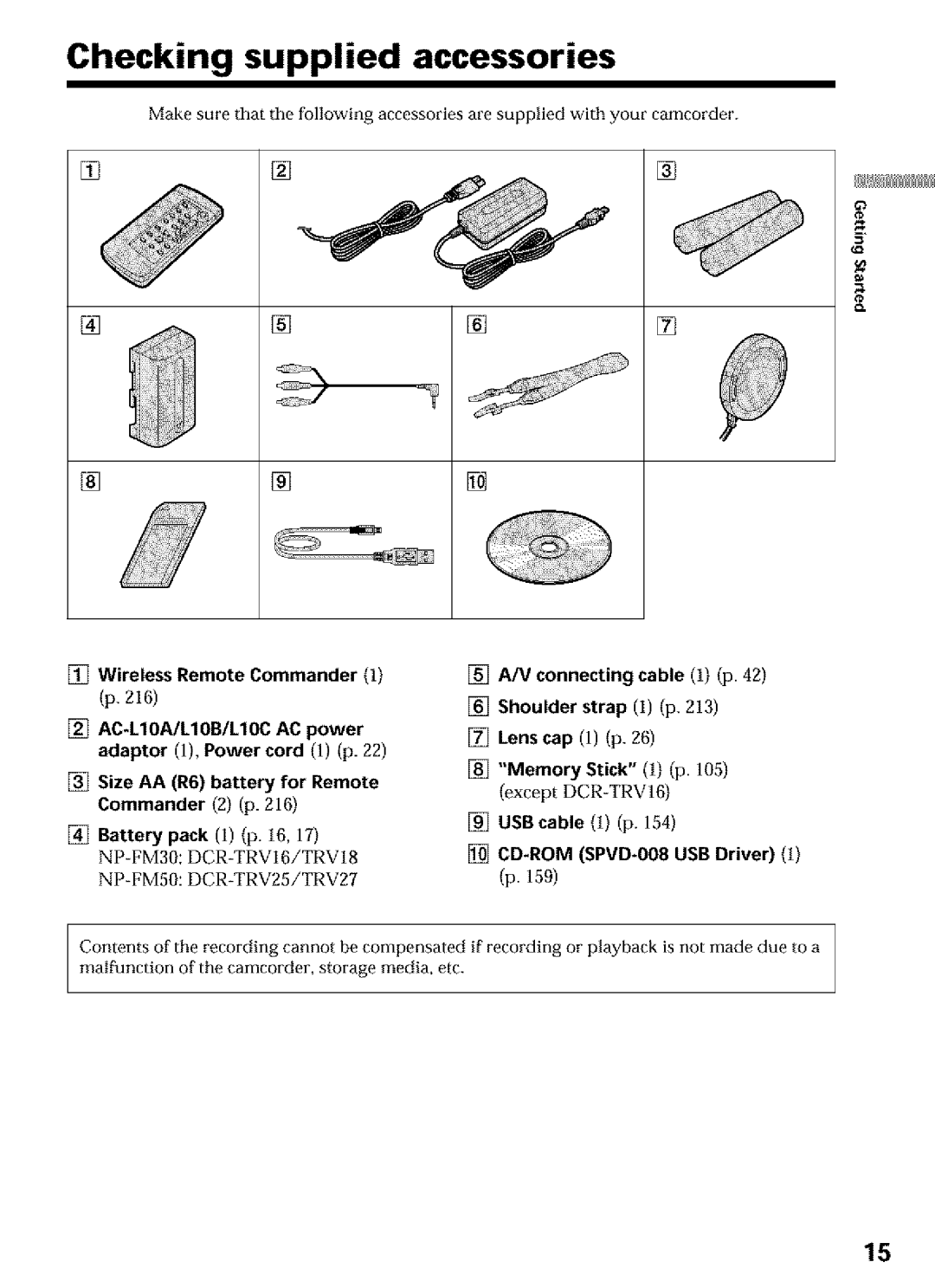 Sony DCR-TRV27, DCR-TRV16 Checking supplied accessories, NP FM30DCR-TRVI6/TRV18 NP-FM50DCR-TRV25/TRV27 