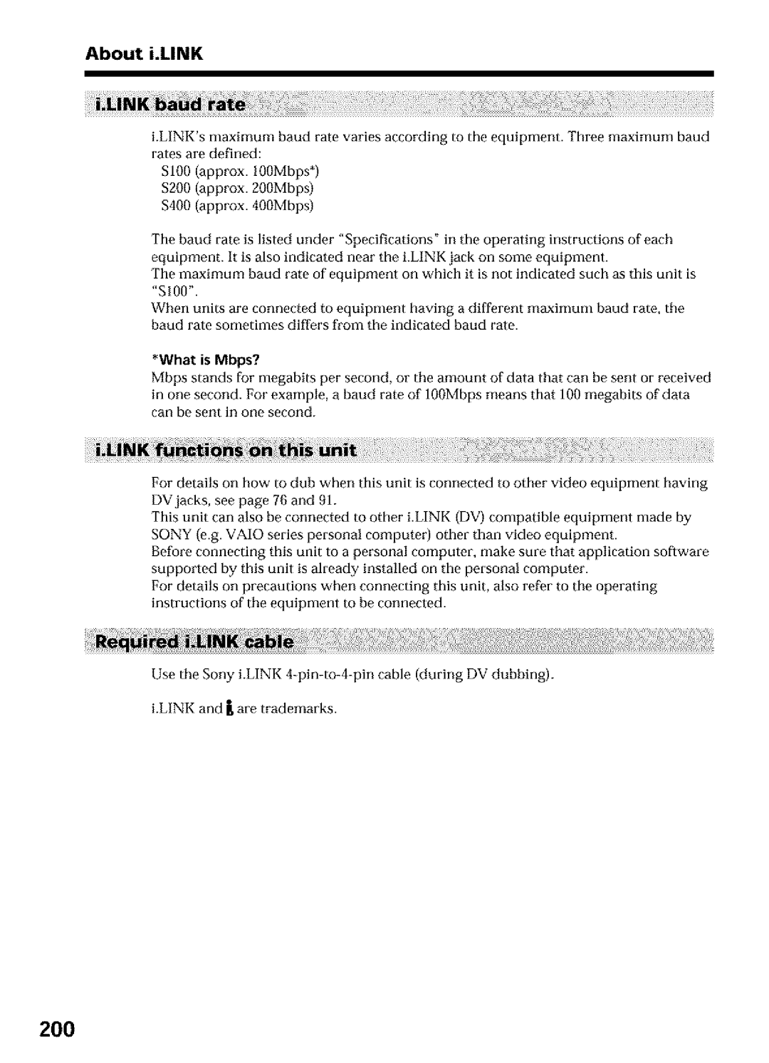 Sony DCR-TRV16, DCR-TRV25, DCR-TRV27 operating instructions 200, About i.LINK, What is Mbps? 