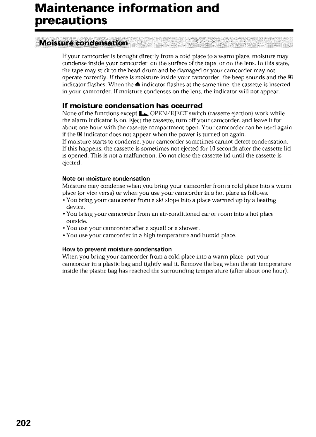 Sony DCR-TRV27, DCR-TRV25, DCR-TRV16 Maintenance information and precautions, 202, If moisture condensation has occurred 