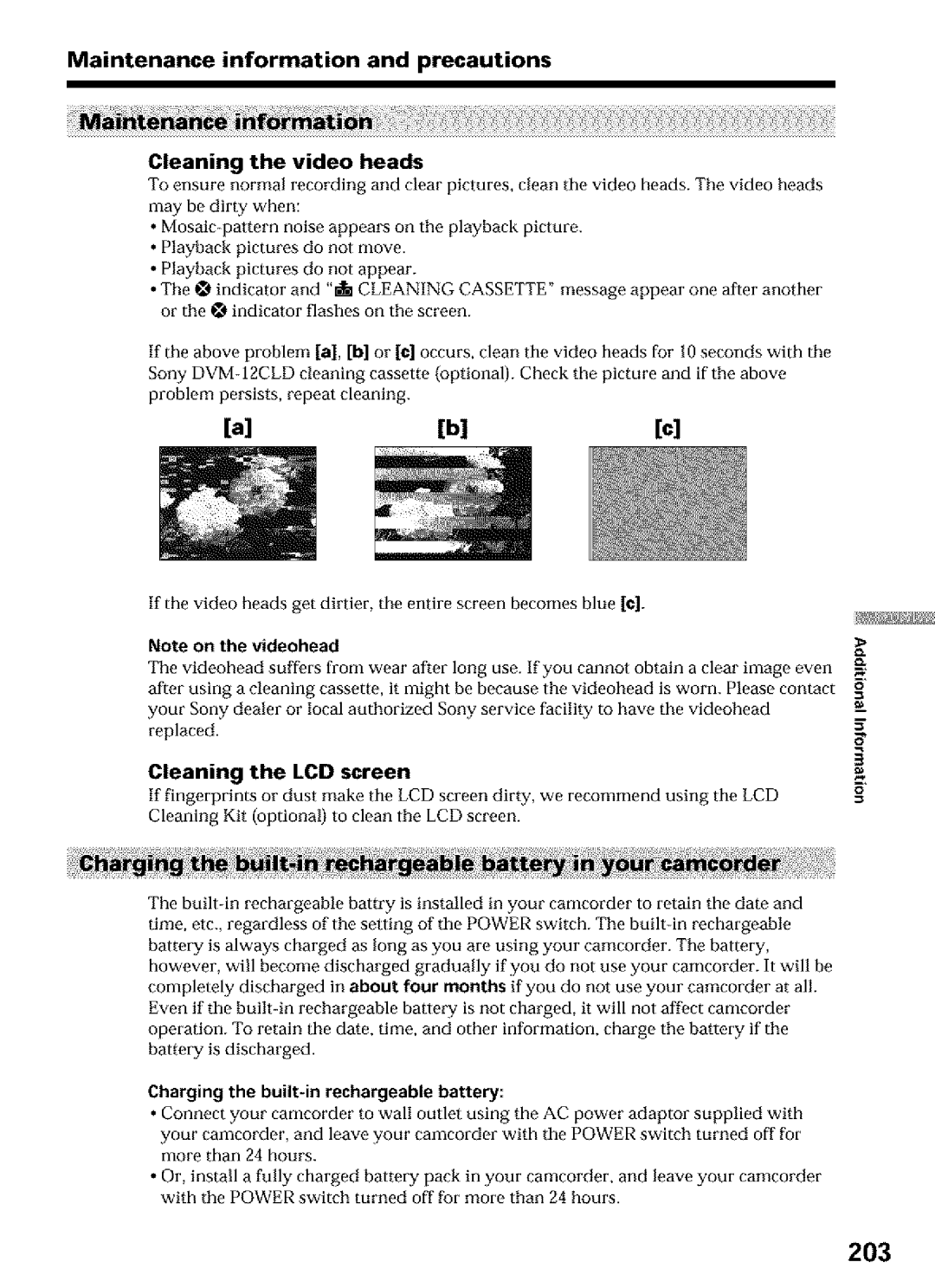 Sony DCR-TRV16 203, Maintenance information and precautions, Cleaning the LCD screen, Cleaning the video heads, Videohead 